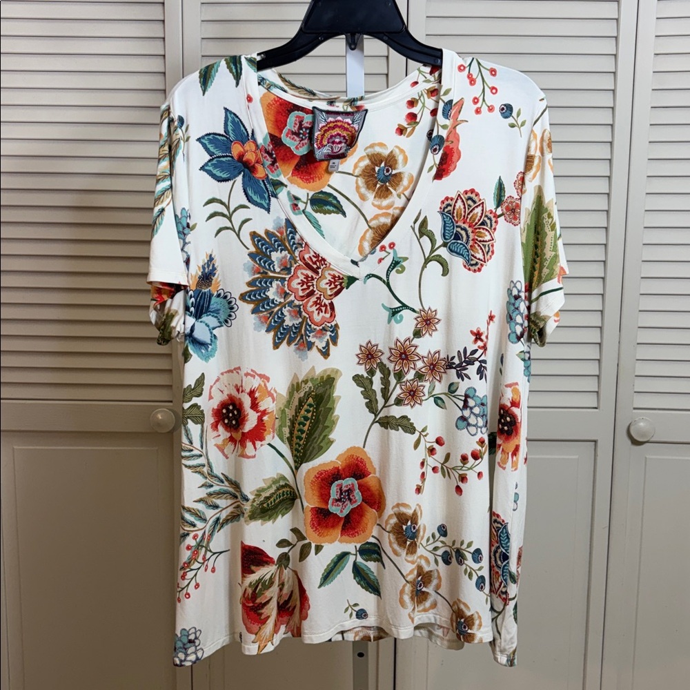 Johnny Was Floral Multicolor Bohemian Jersey Short Sleeves Tee XL